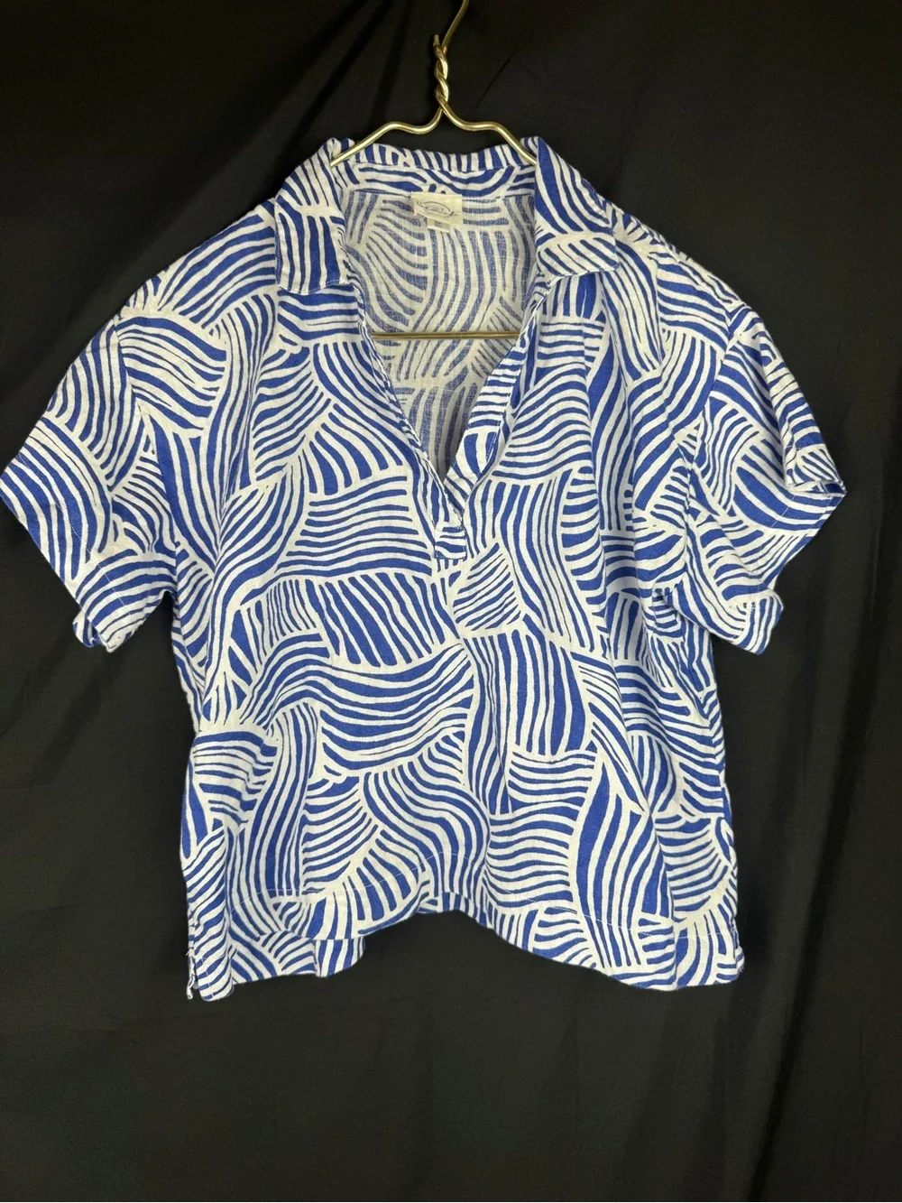 ⁠LOFT Beach 100% Linen 2pc Matching Set Blue White Abstract Wave Pants/Top
